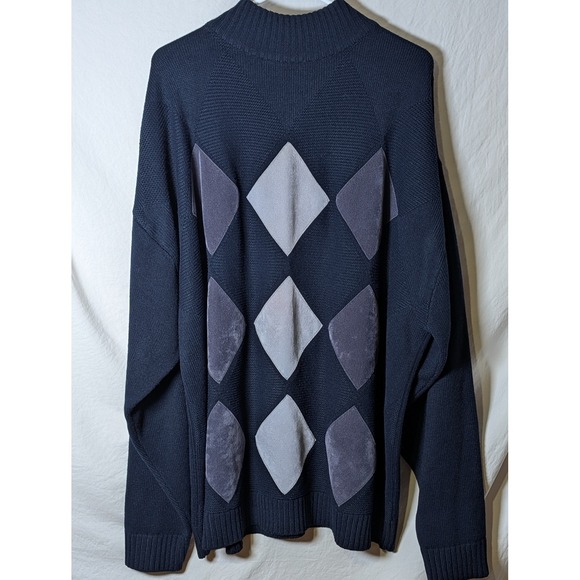 Vintage Monobauk Argyle Sweater Mens 4XL Navy Blue Faux Suede Diamond Knit Korea